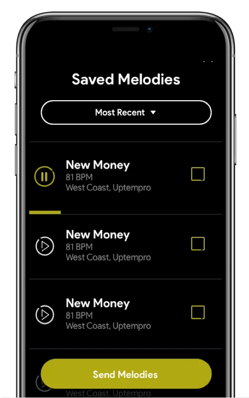 The Melody App saved-loops library on a phone